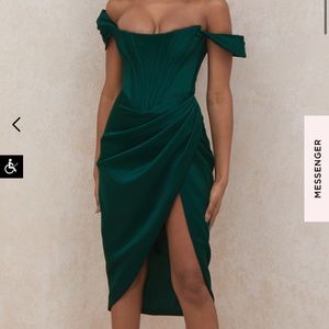 House of CB emerald green satin off-shoulder dress-Loretta